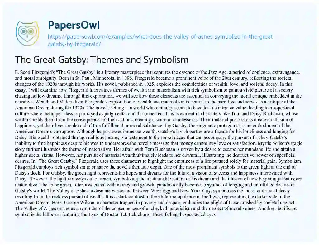 What Does the Valley of Ashes Symbolize in “The Great Gatsby” by Fitzgerald Free Essay Example