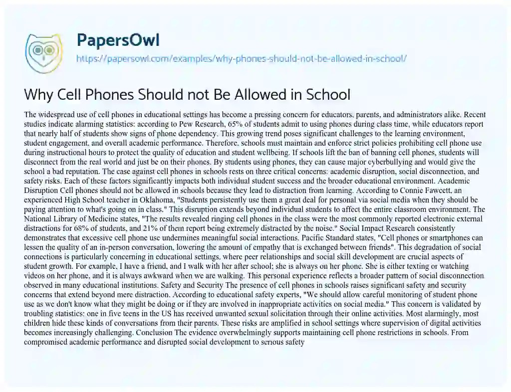 Why Phones Should Not Be Allowed in School Free Essay Example 680