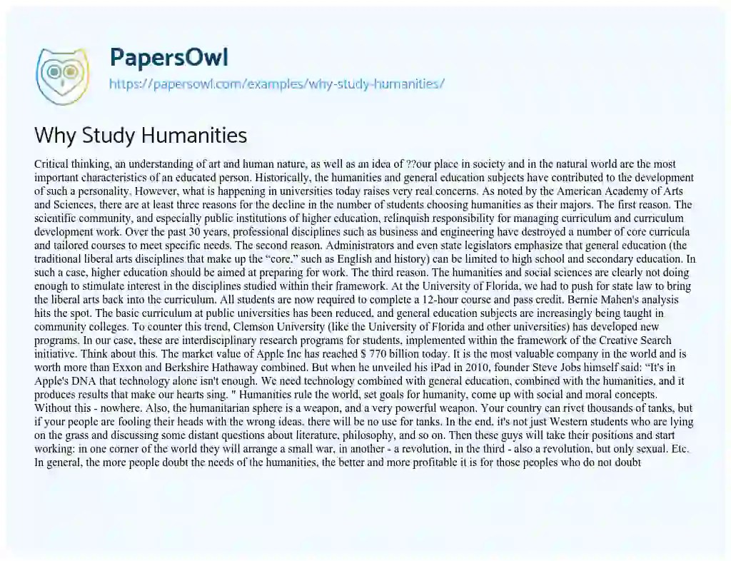 Why Study Humanities Free Essay Example 524 Words