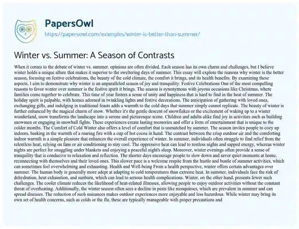 Winter Is Better Than Summer Free Essay Example 509 Words