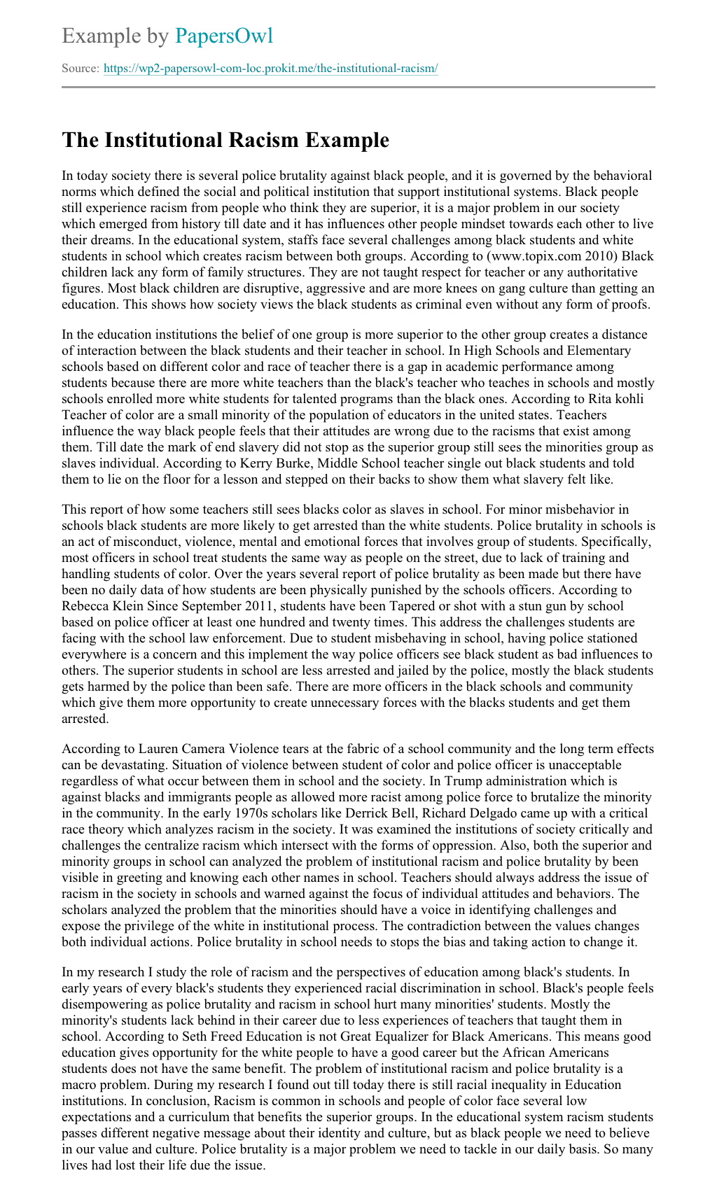 The Institutional Racism Free Essay Example