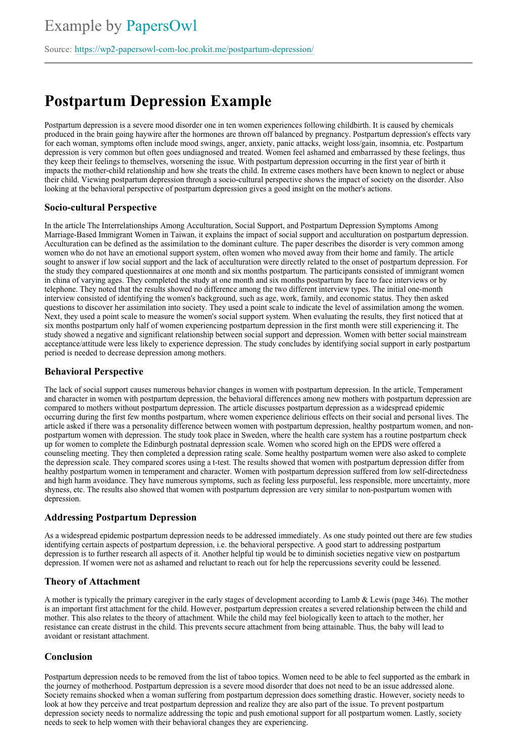 Postpartum Depression Free Essay Example