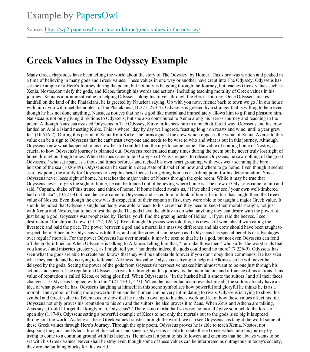 Greek Values in The Odyssey Free Essay Example