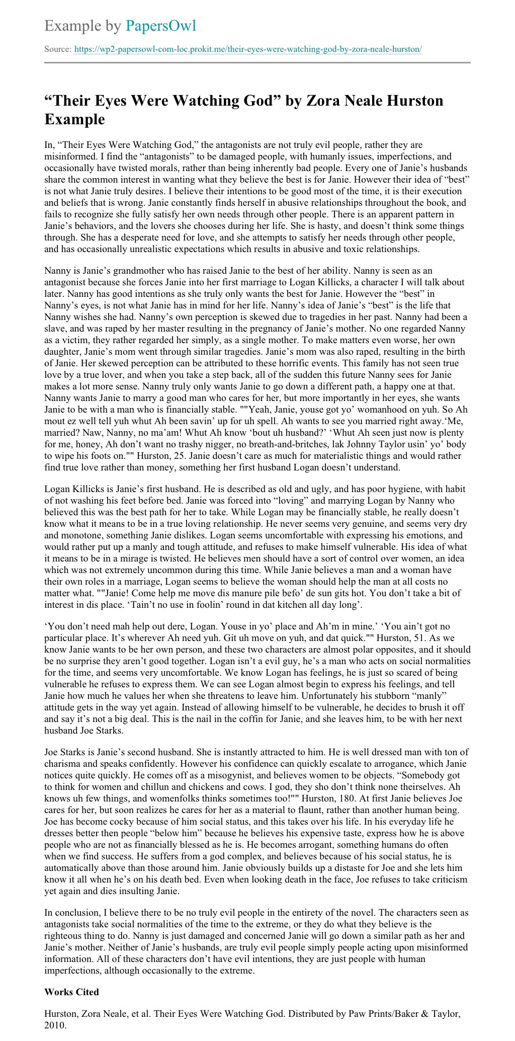 "Their Eyes Were Watching God" by Zora Neale Hurston Free Essay