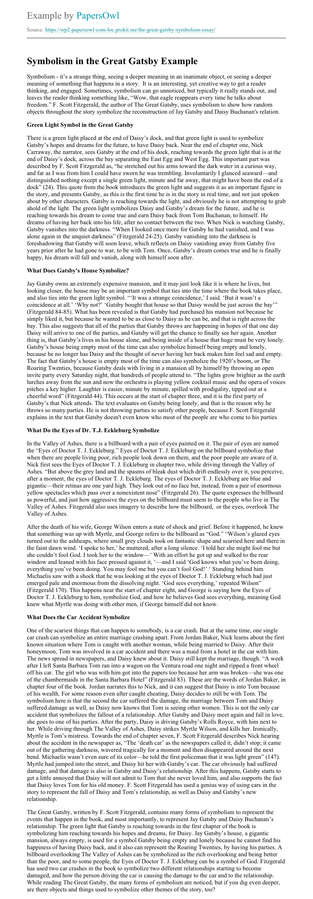 Symbolism in the Great Gatsby Free Essay Example