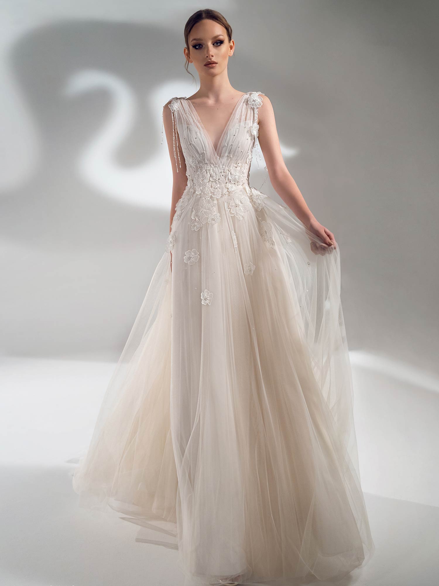 Vneck Aline wedding dress with 3D flowers