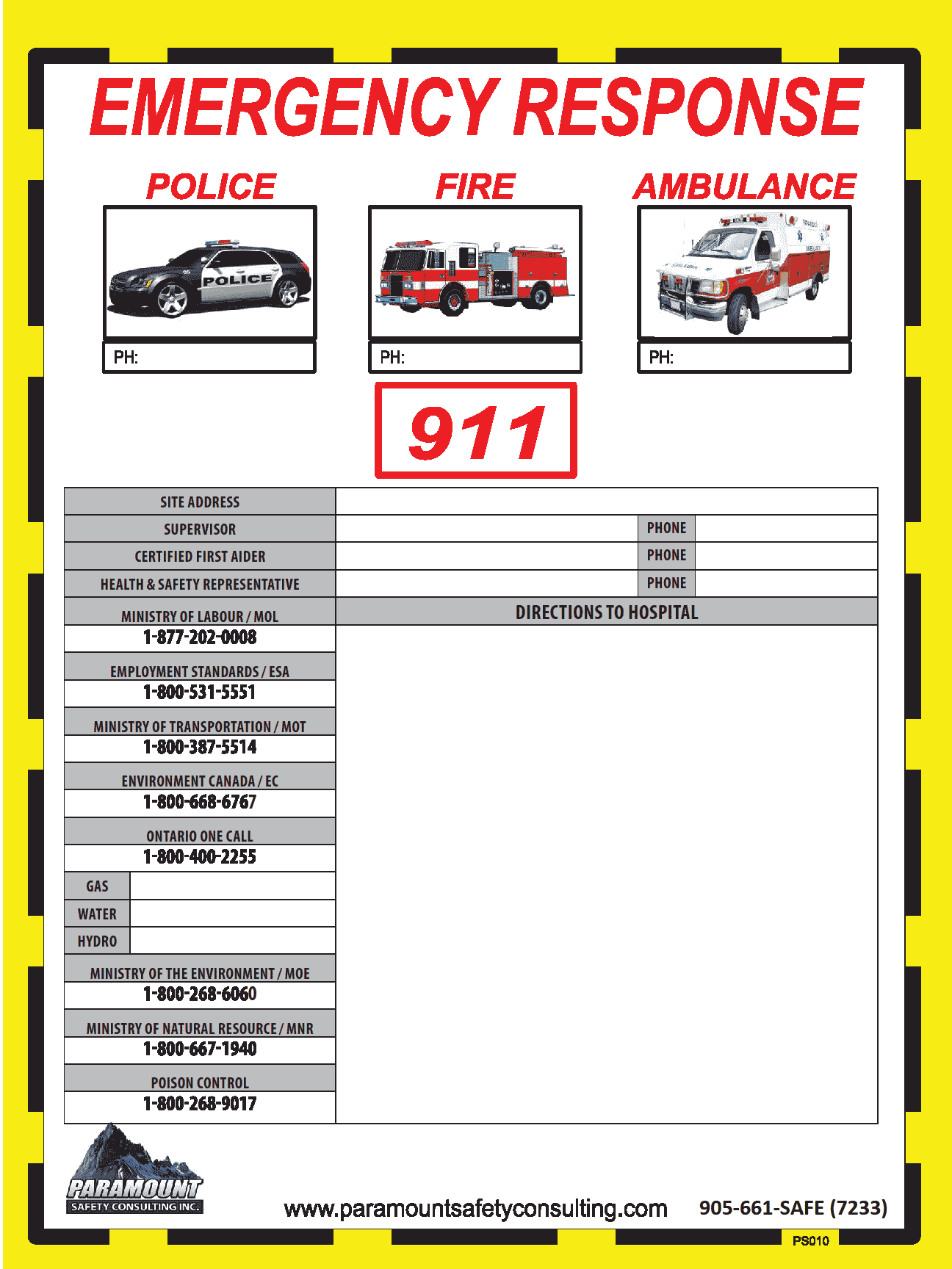 Emergency Response Poster PSCI010 Paramount Safety Consulting Inc.