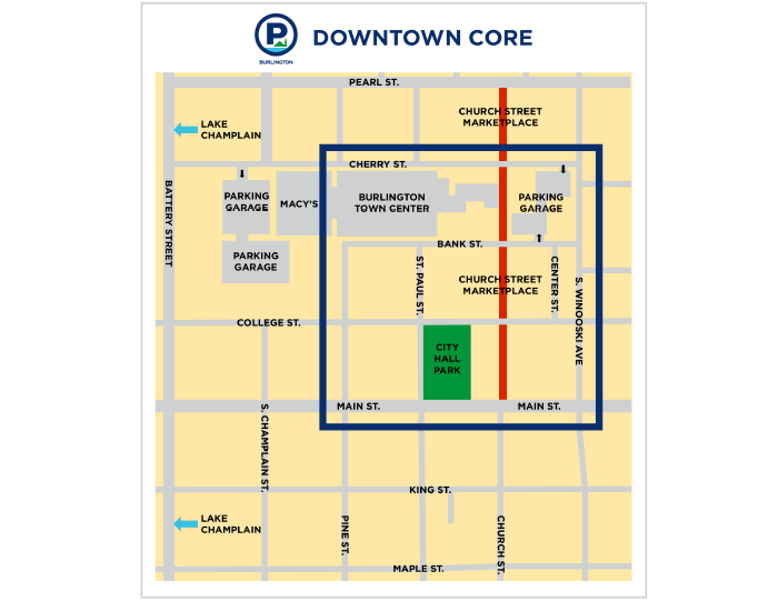 Burlington, VT Downtown Core Parking Space Map Parking near Church St