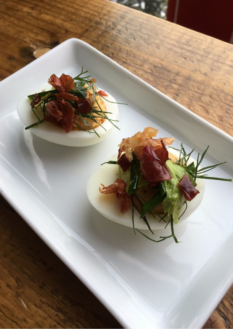 'Nduja Deviled Eggs with Crispy Prosciutto Prosciutto Di Parma
