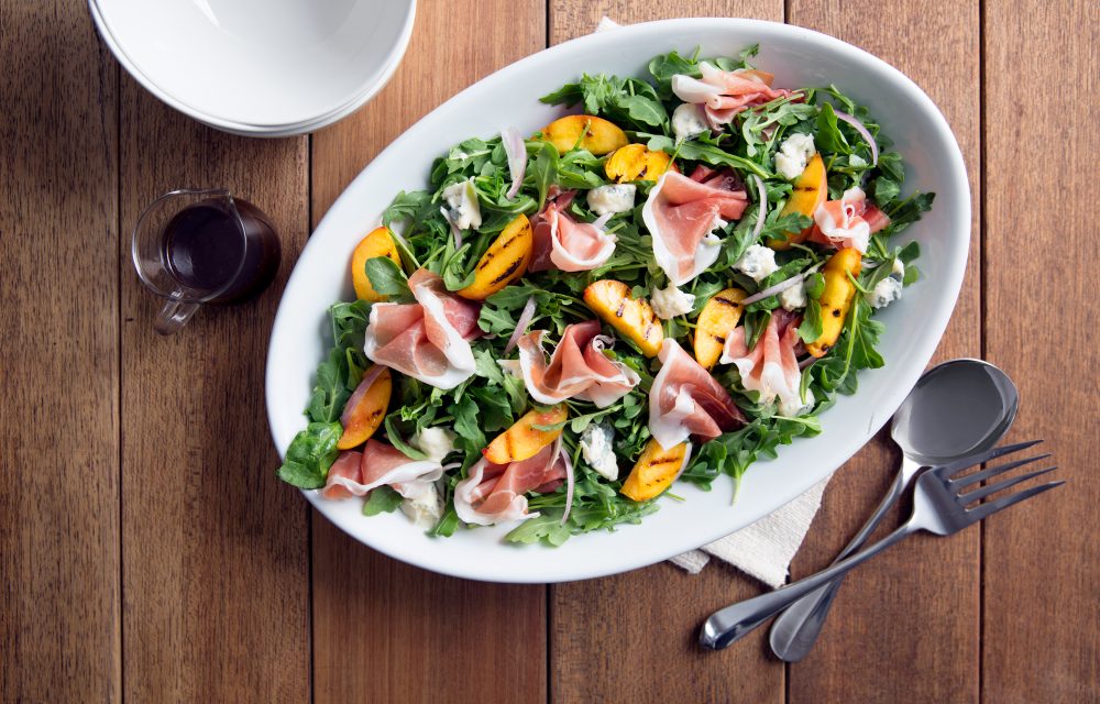 Arugula Prosciutto Salad with Grilled Nectarines and Fig Jam Dressing