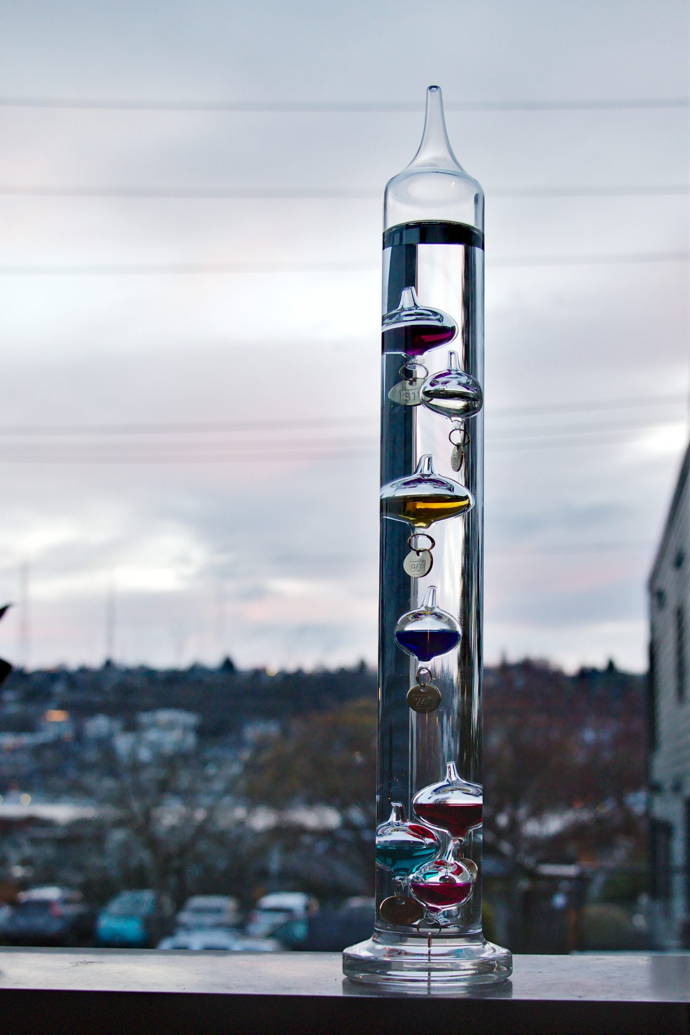 Video showing the clear fluid rise in a Galileo thermometer Dilettante