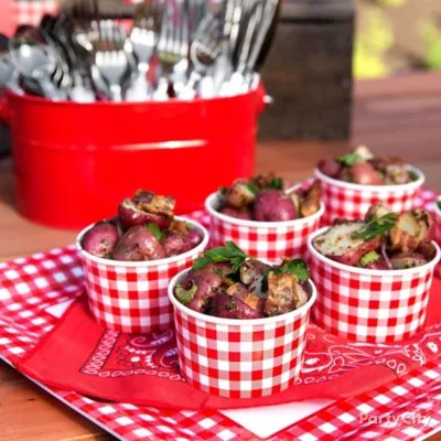 Outdoor BBQ Side Dish Serving Idea Gingham Picnic Food and Drink Ideas Summer Party Ideas