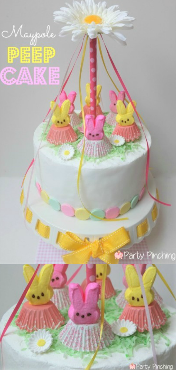 Adorable Maypole cake using cute Peep bunnies for May Day
