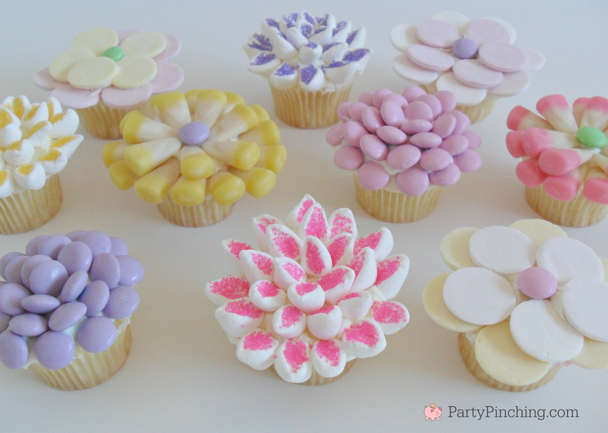 Pretty Spring flower candy cupcakes for Mother's Day, Easter, baby shower