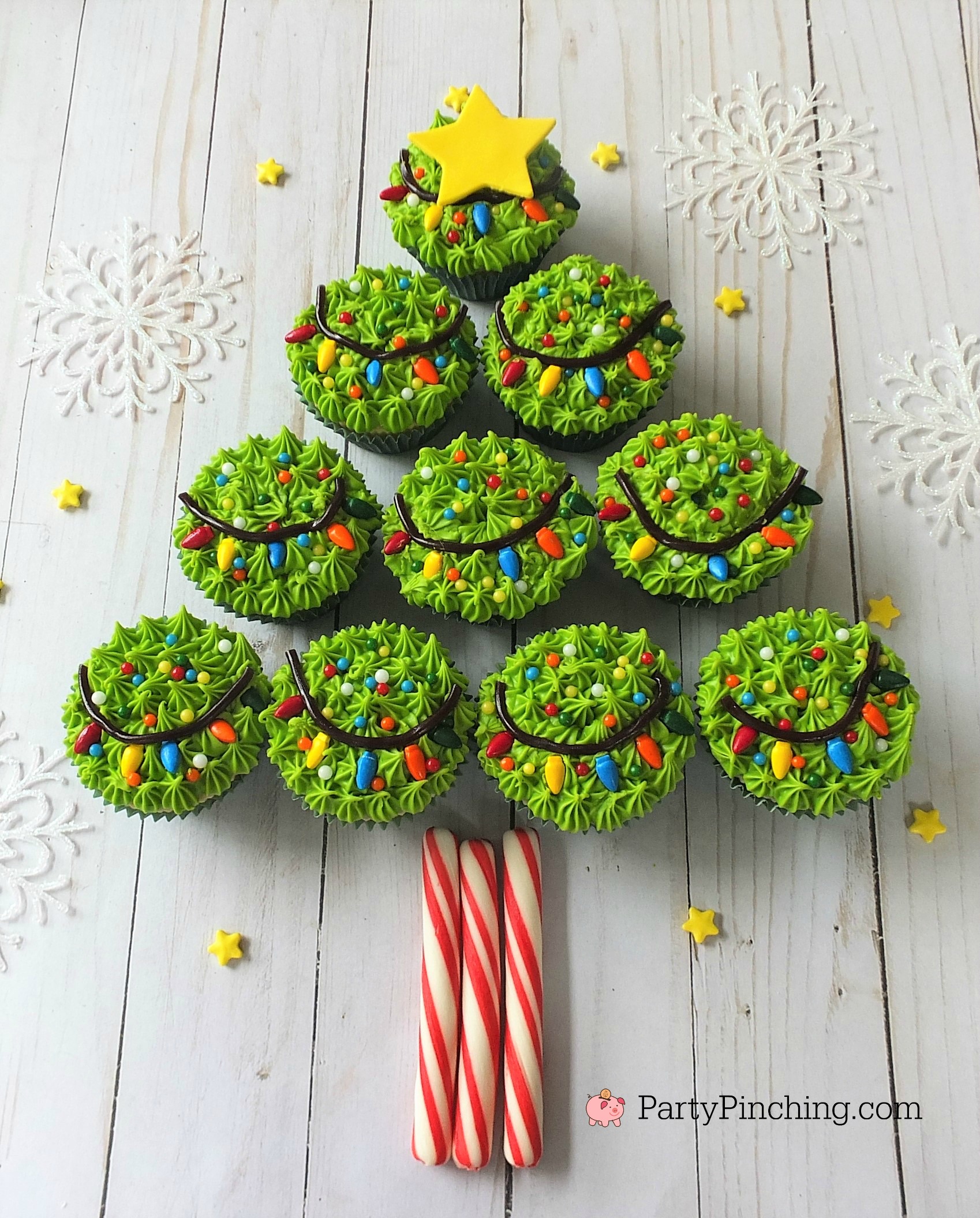 Christmas Tree Cupcakes with string of lights sprinkles easy to decorate
