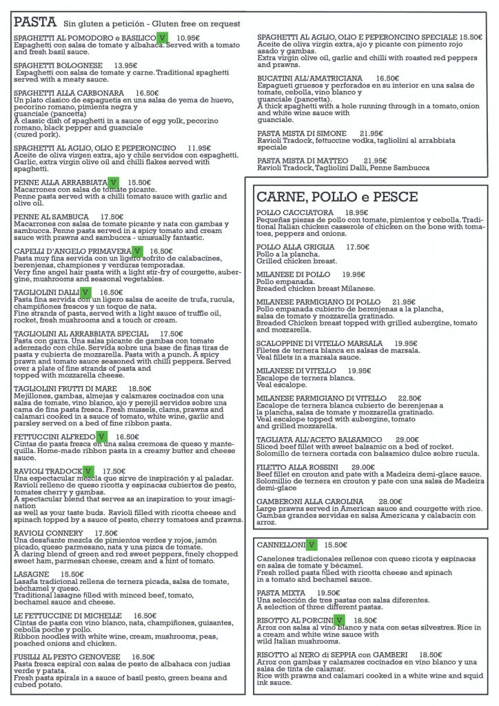 Menu The Pasta Factory