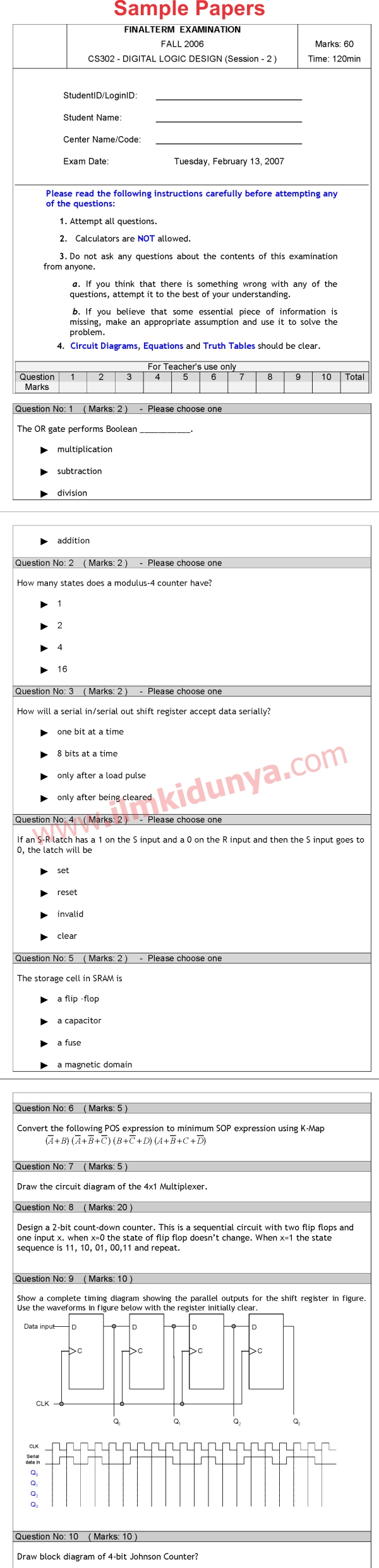 CS302 Digital Logic Design BSc Computer Science VU University Past Papers 2006 F