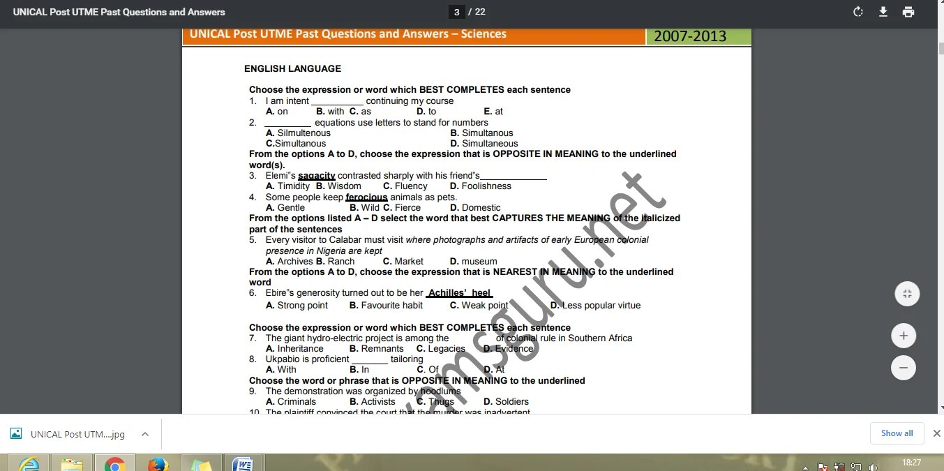 UNICAL Post UTME Past Questions and Answers PDF How to Download