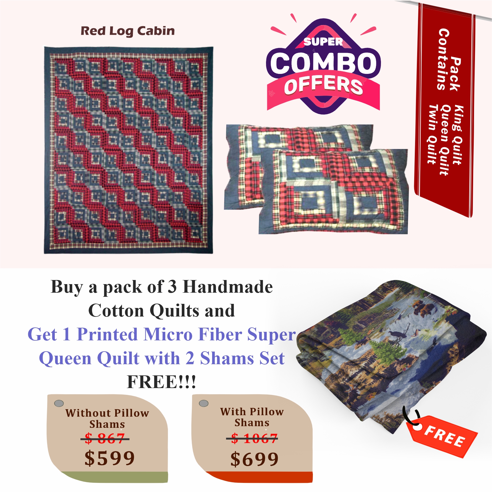 Red Log Cabin Handmade Cotton quilts Buy 3 cotton