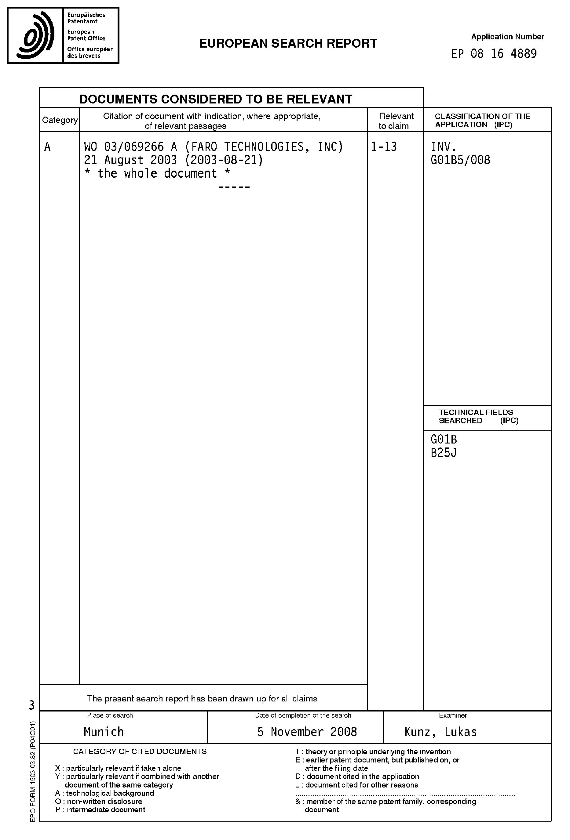 Patent EP2003419A1 Verbesserte tragbare Koordinatenmessmaschine