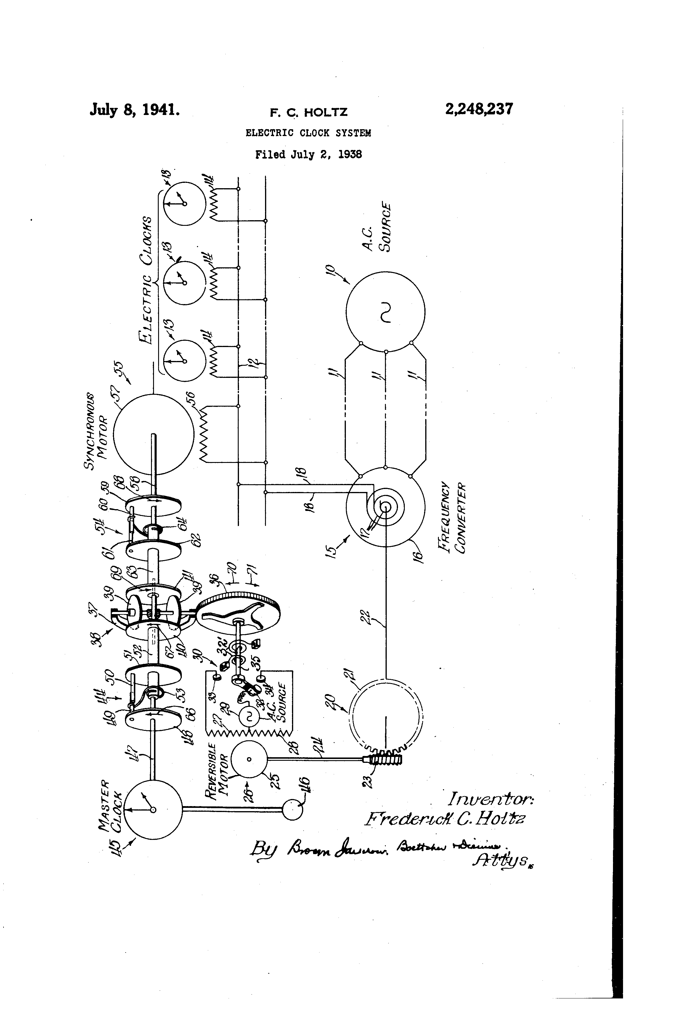 Patent Clock System Electric by Frederick C. Holtz Issued Jul 8, 1941