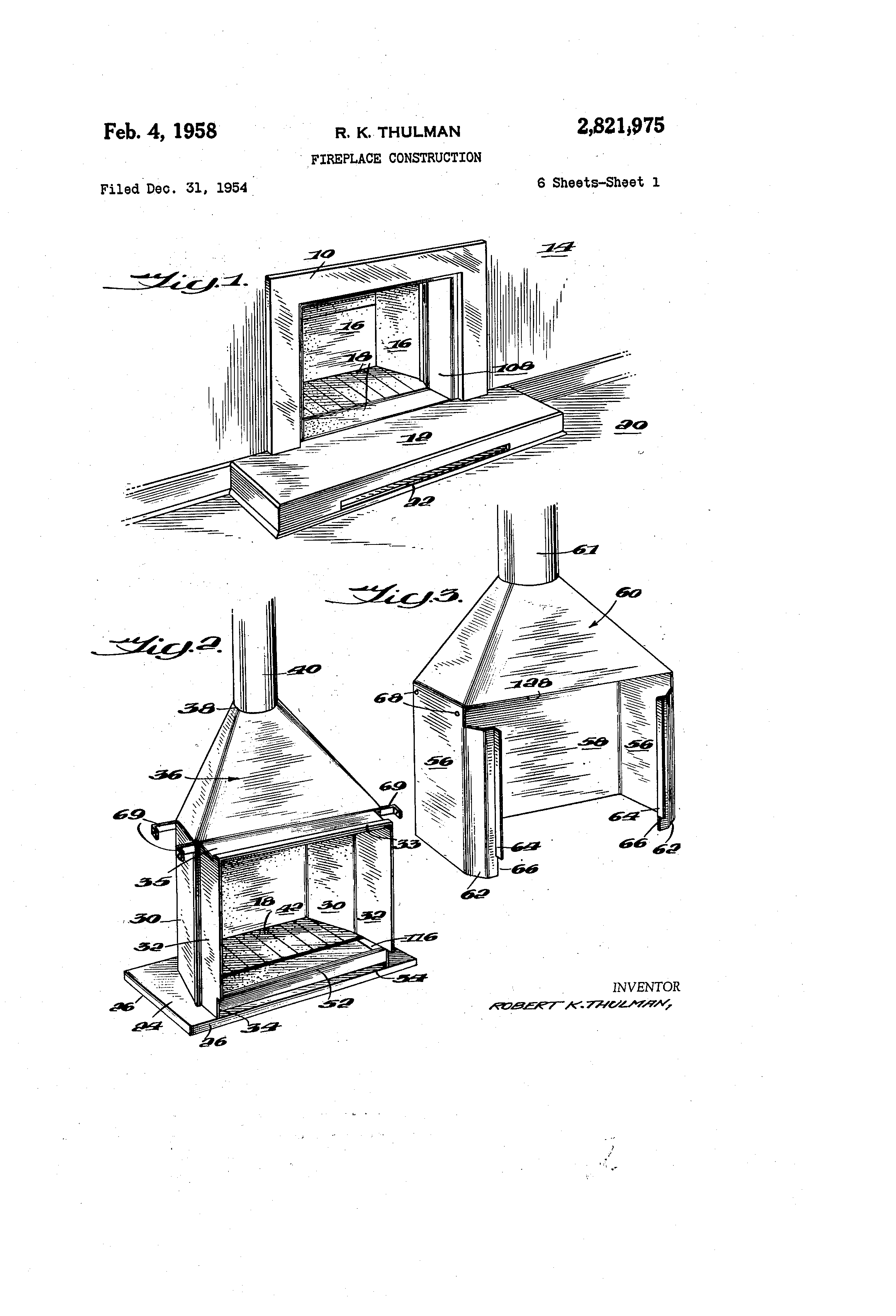 Patent US2821975 Fireplace construction Google Patents