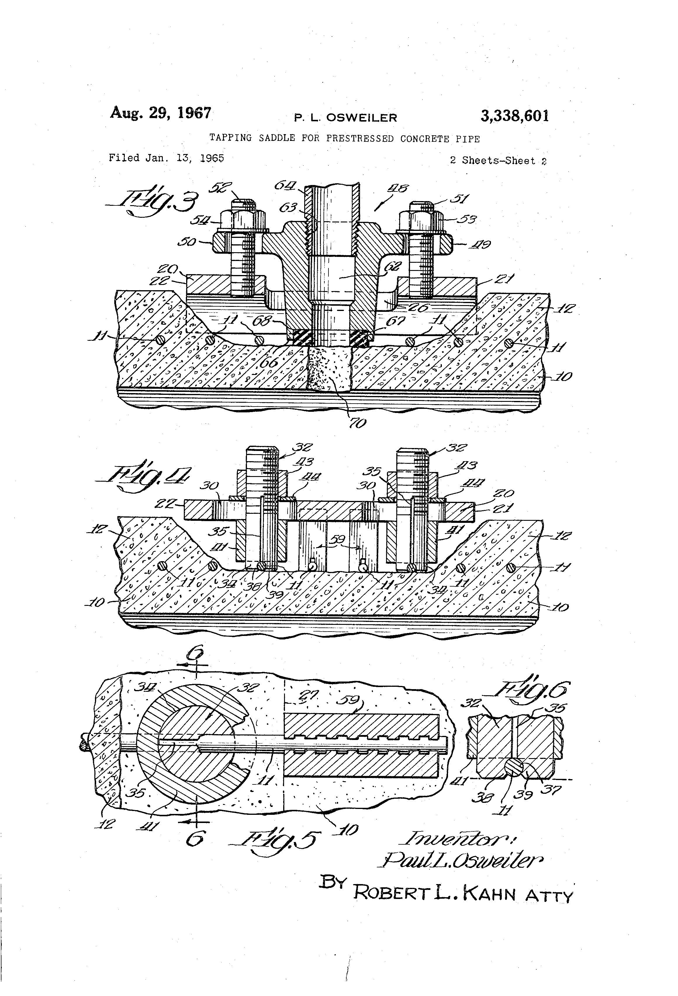 Patent US3338601 Tapping saddle for prestressed concrete pipe