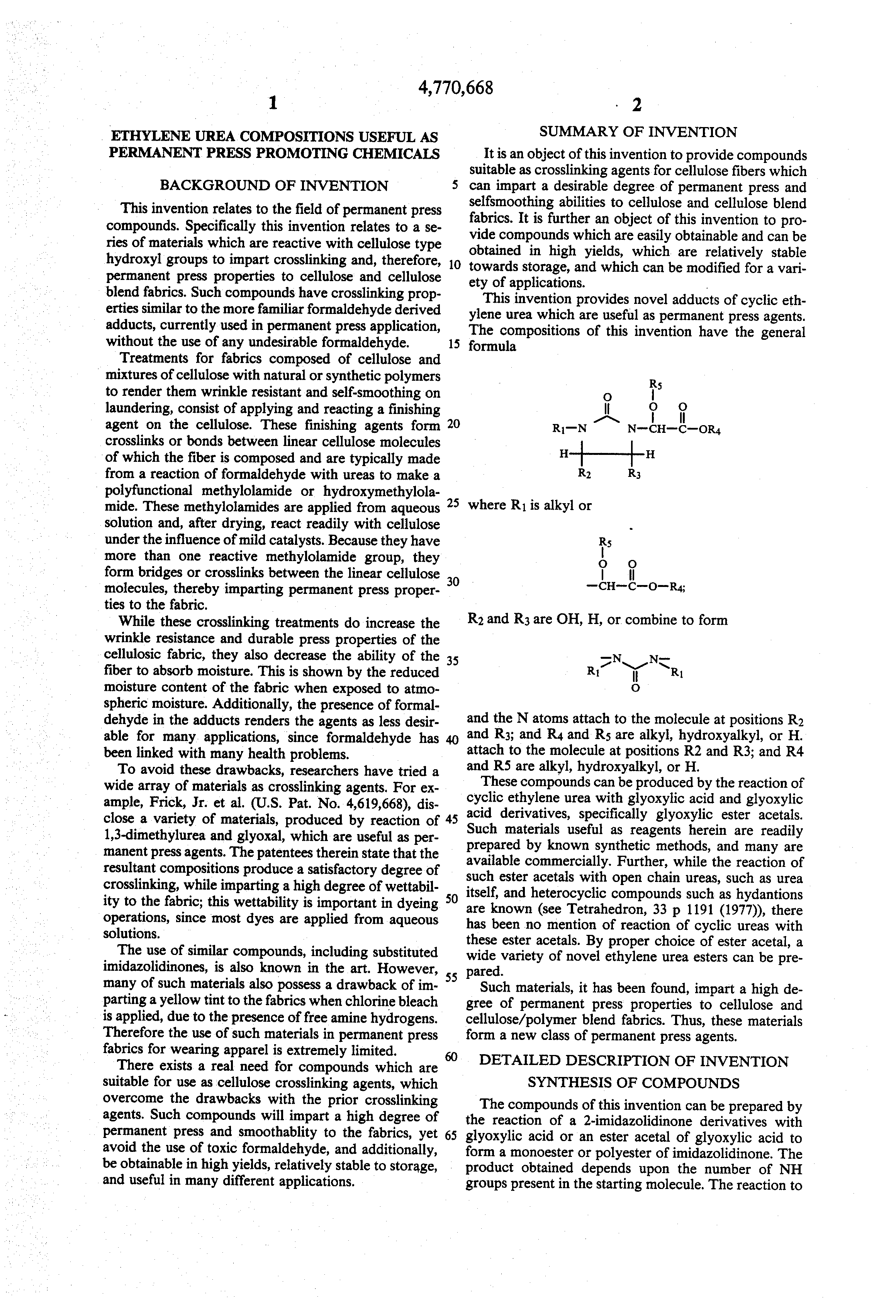 Patent US4770668 Ethylene urea compositions useful as permanent press