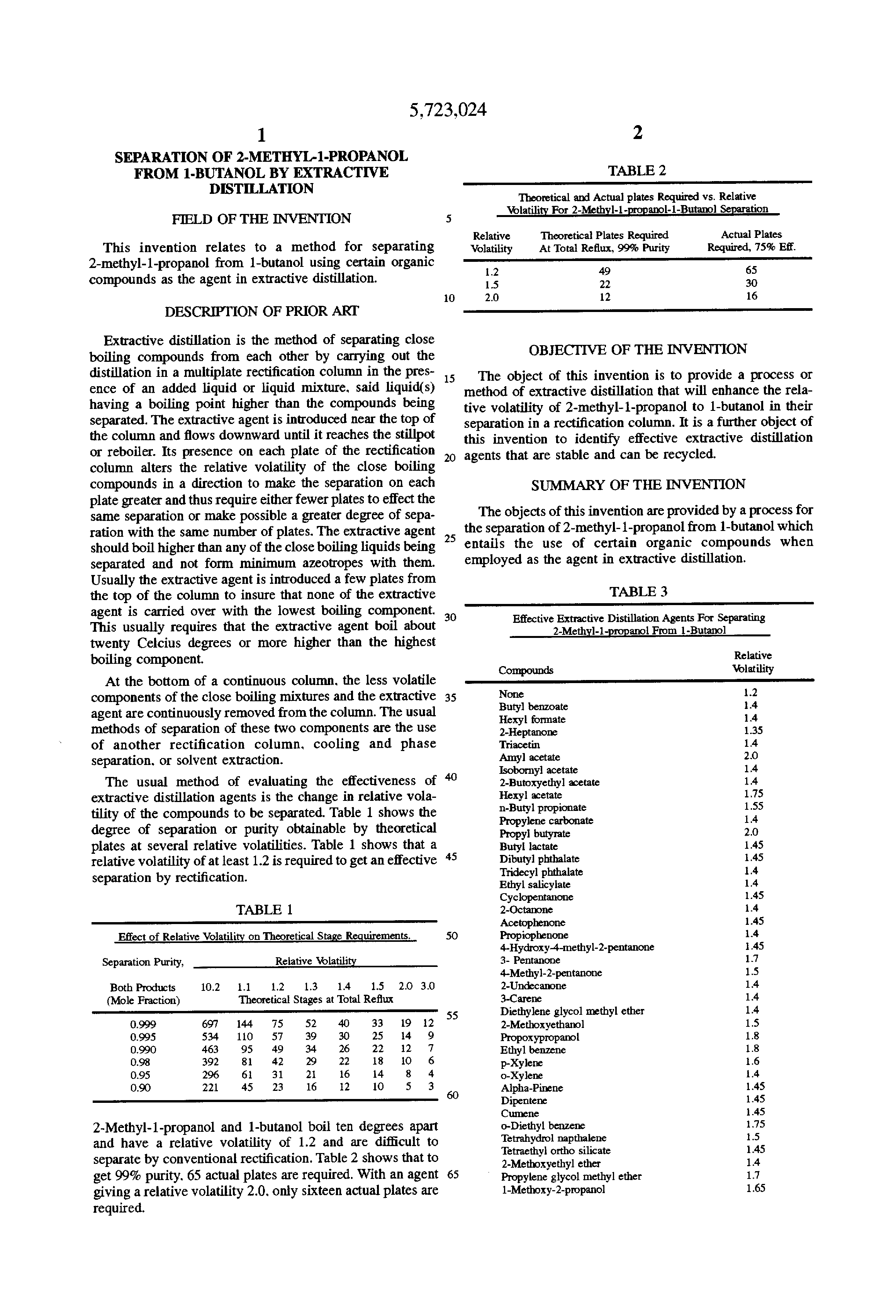 Patent US5723024 Separation of 2methyl1propanol from 1butanol by
