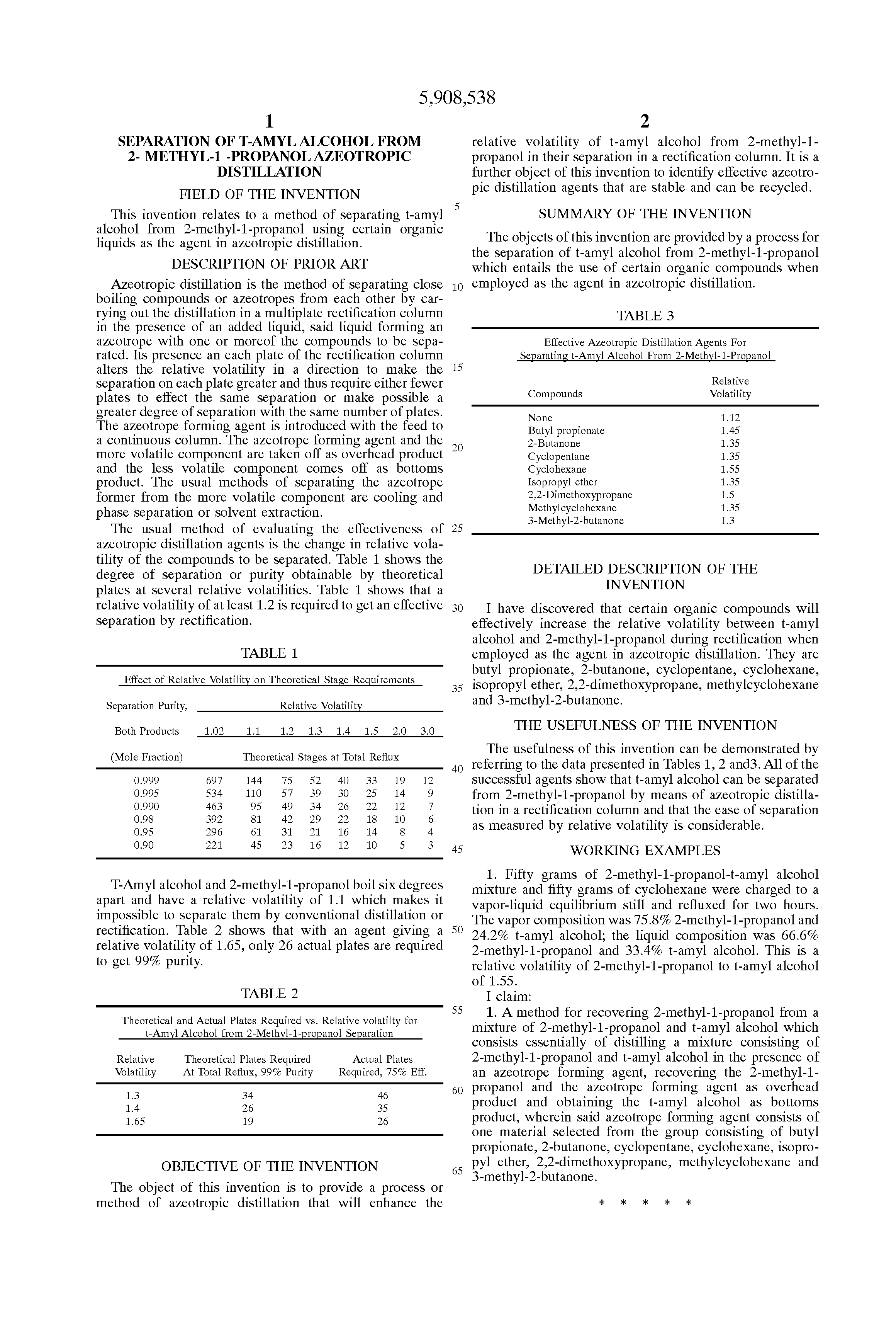 Patent US5908538 Separation of Tamyl alcohol from 2 methyl1