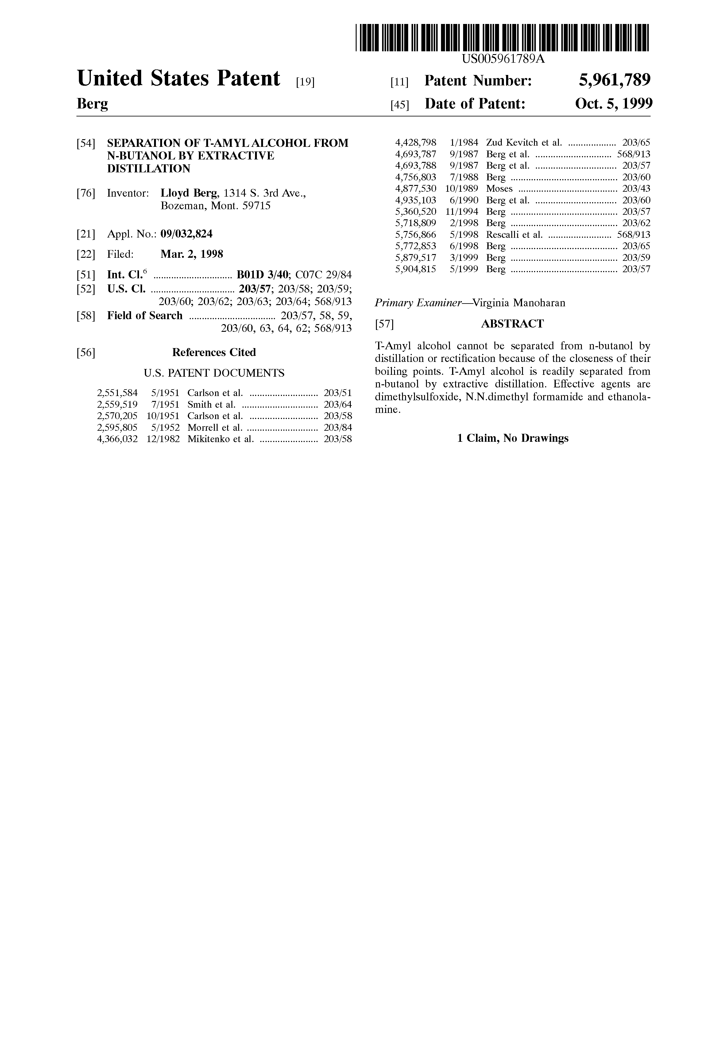 Patent US5961789 Separation of tamyl alcohol from nbutanol by