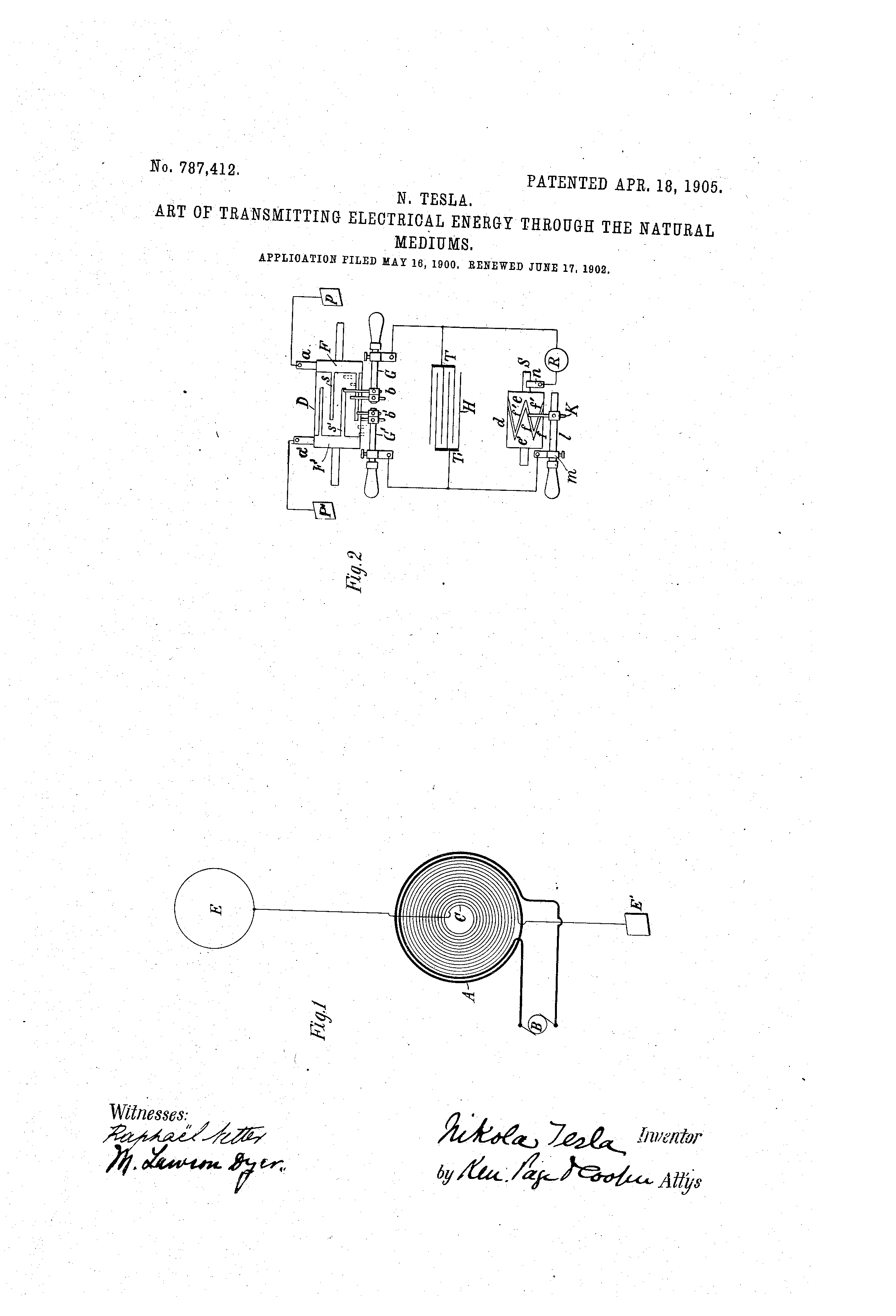 Patent US787412 Art of transmitting electrical energy through the