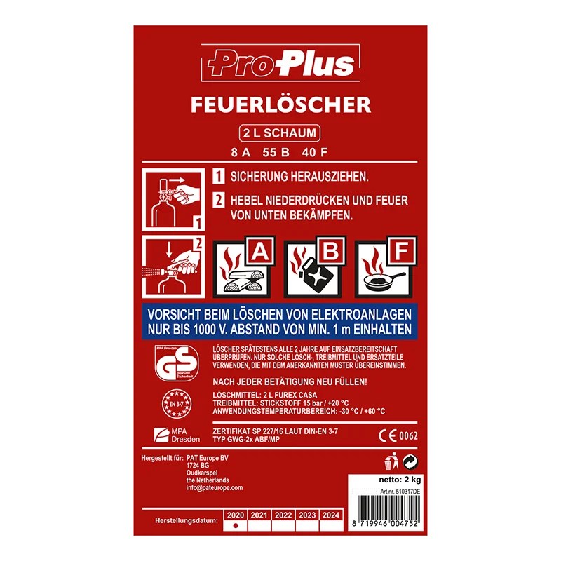 Fire extinguisher 2L AB F foam DE + pressure gauge PAT Europe