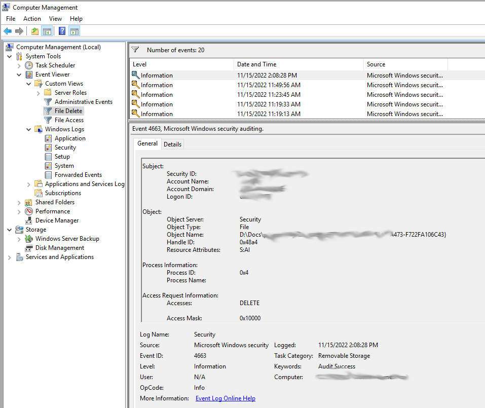 How to audit the windows Event Log for deleted files using event filter