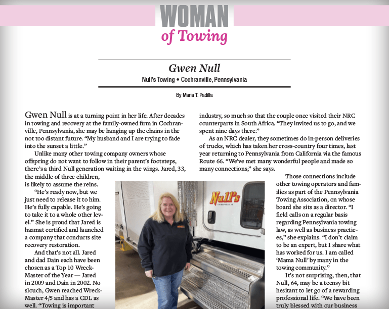 Tow Times Features Pennsylvania Woman of Towing Pennsylvania Towing