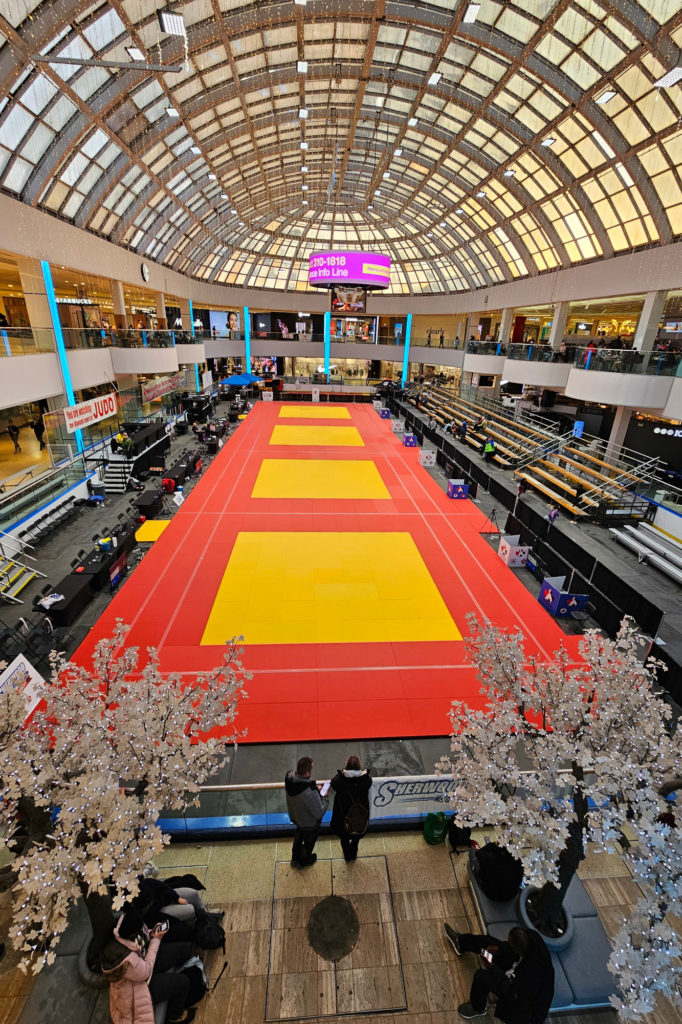 The tournament venue: four mat areas on board on top of the Ice Palace rink