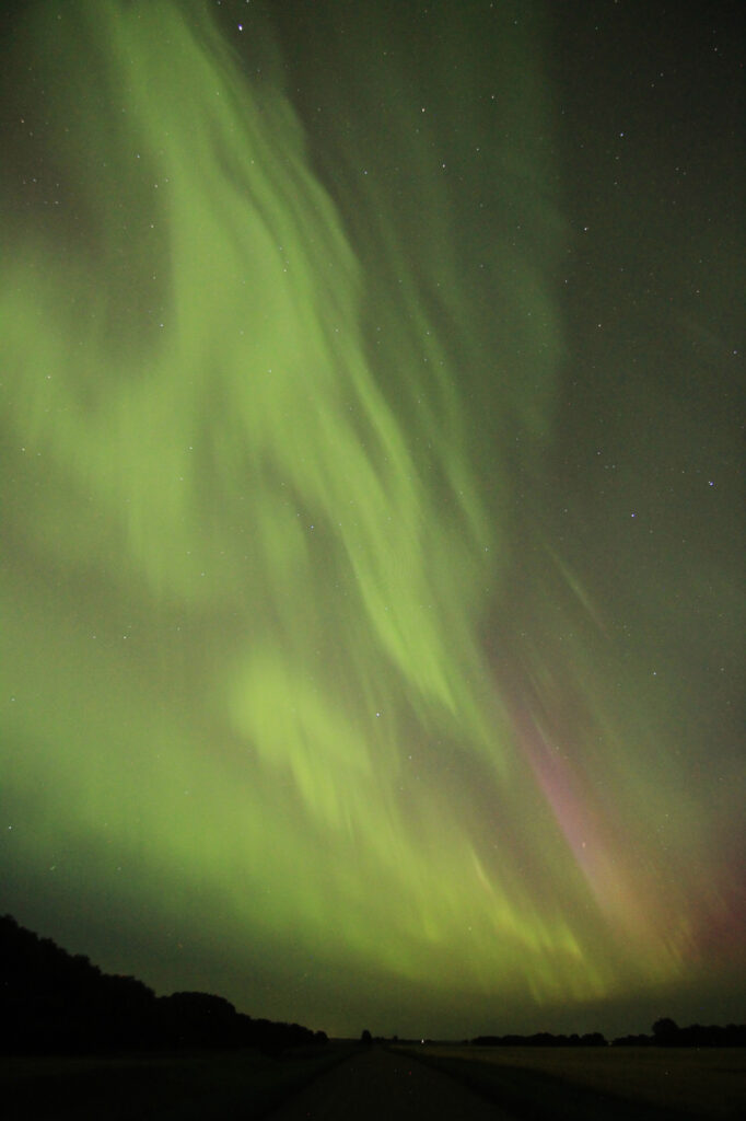 Aurora Borealis above the prairie - a cascade of green filling most of the image