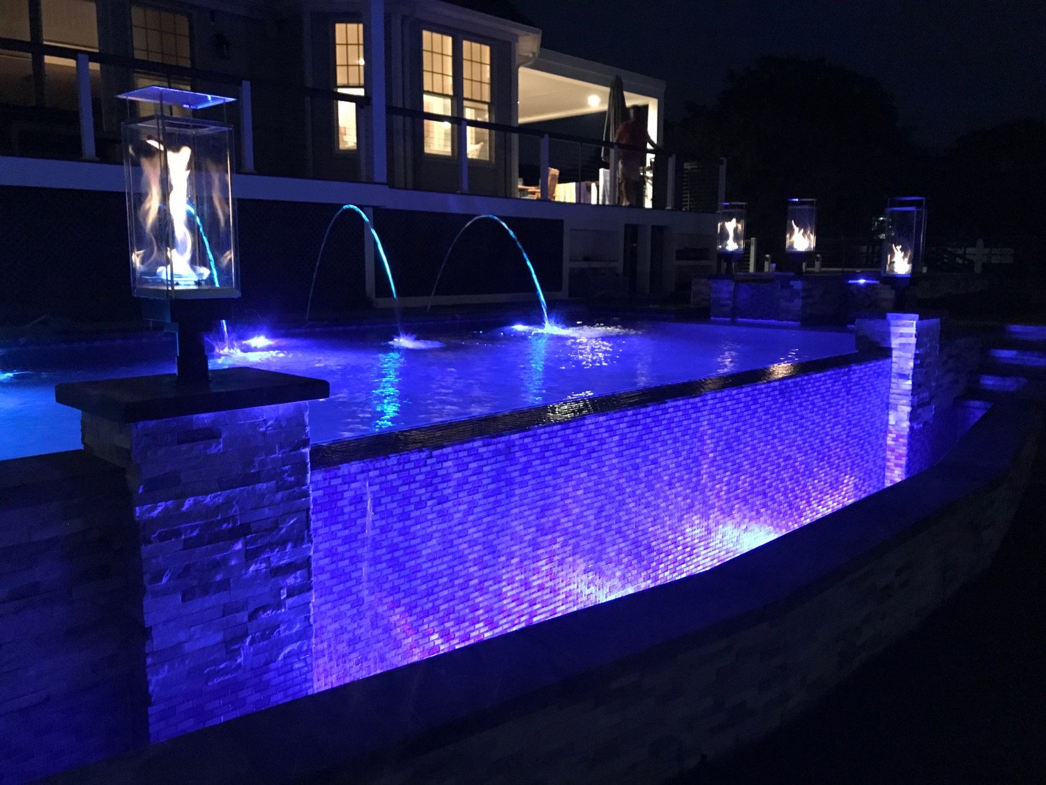 Triple Descent Gunite Spa & Pool With LED Fountains & Fire Bowls
