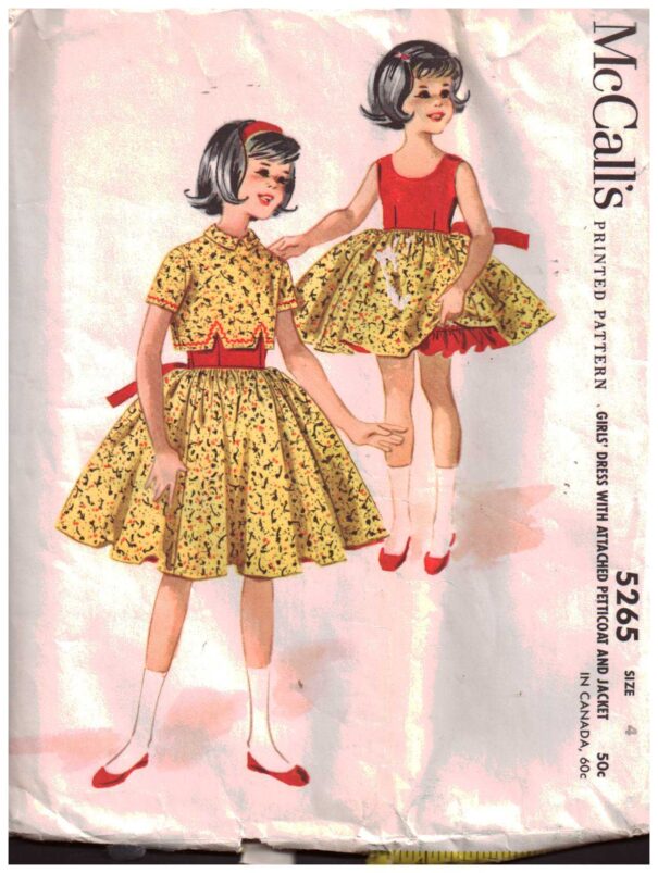 McCall's 5265 Girls Dress attached Petticoat, Jacket Size 4 or 8 Used