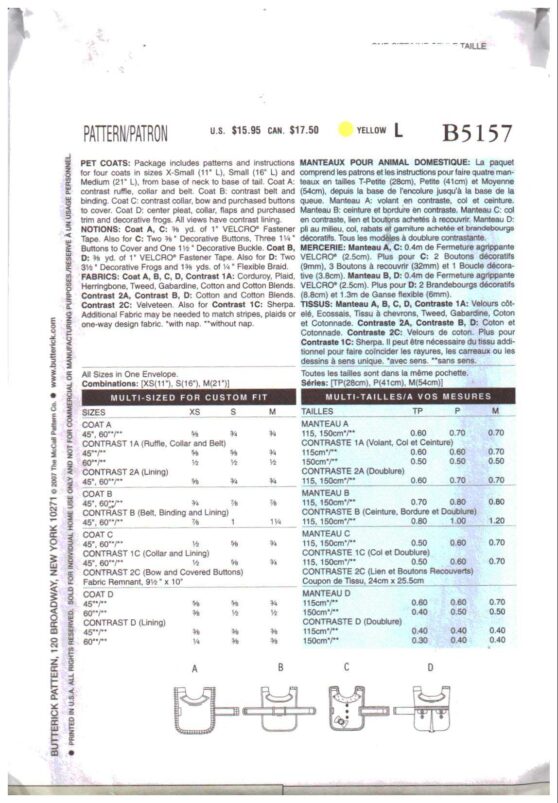 Butterick B5157 Dog Coats Size OSZ Uncut Sewing Pattern