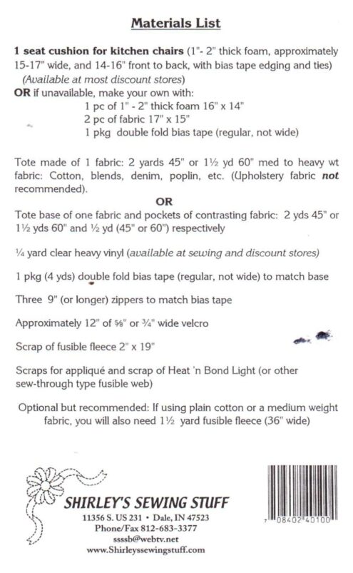 Shirley's Sewing Stuff Converta Tote Size One Uncut Sewing Pattern