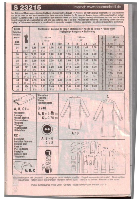 Neue Mode S23215 Coats Size 820 Uncut Sewing Pattern