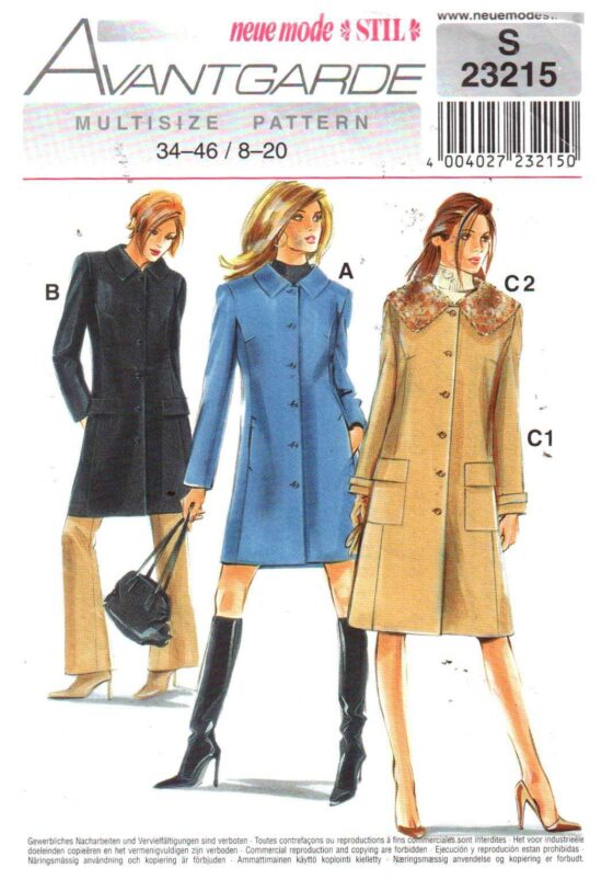 Neue Mode S23215 Coats Size 820 Uncut Sewing Pattern
