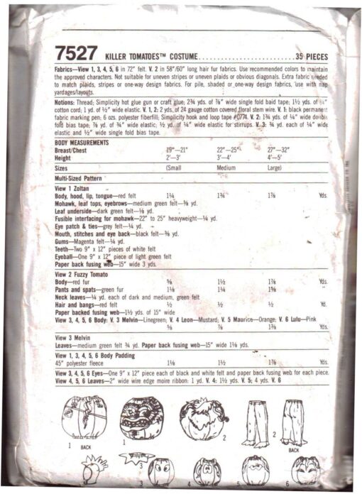 Simplicity 7527 Boy's, Girl's Costumes Killer Tomatoes Size SML