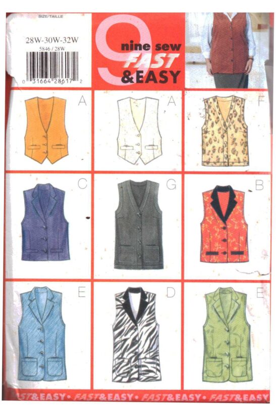 Butterick 5846 Vests Size 28W30W32W Uncut Sewing Pattern