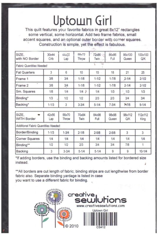 Creative Sewlutions CS 412 Uptown Girl Quilt Size All Uncut Sewing Pattern