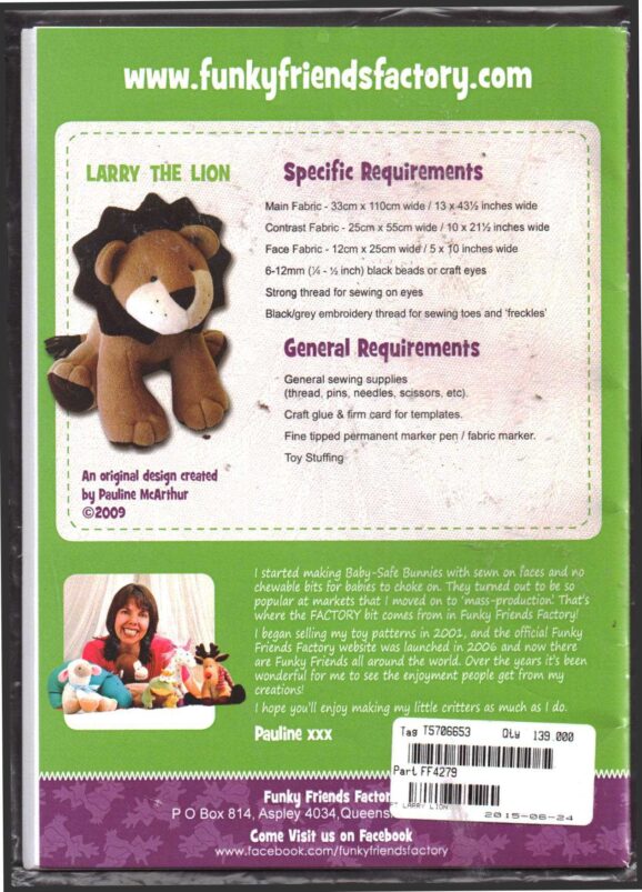 Funky Friends Factory Soft Toy Larry the Lion Size 12" Uncut Sewing