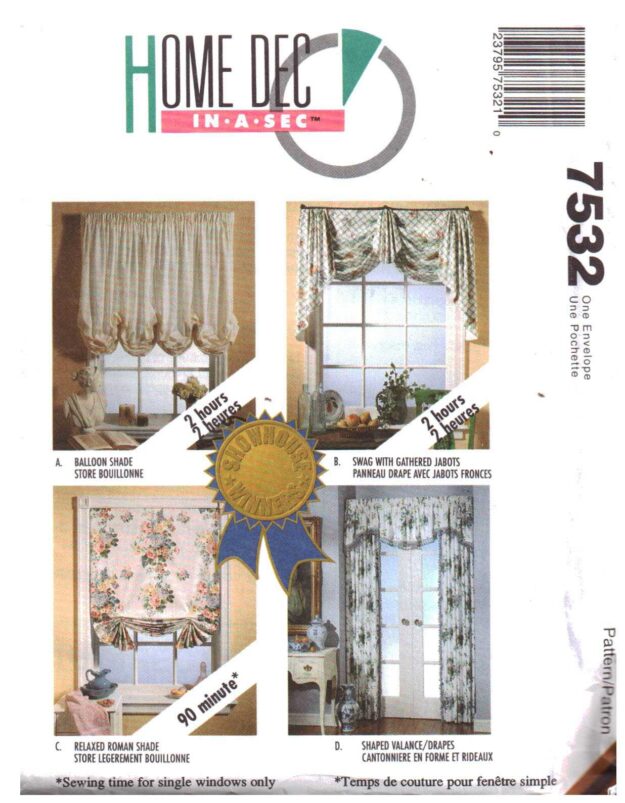 McCall's 7532 Window Treatments Size One Uncut Sewing Pattern