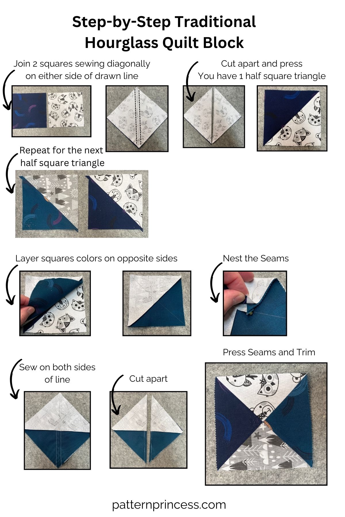 4 At a Time Easy Hourglass Quilt Block Tutorial Pattern Princess