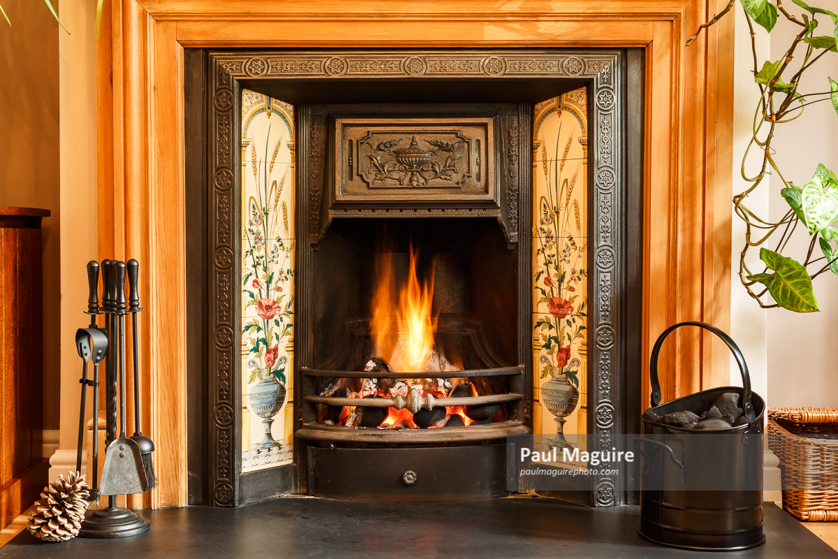Photo for sale Fireplace, open fire in UK living room Paul Maguire